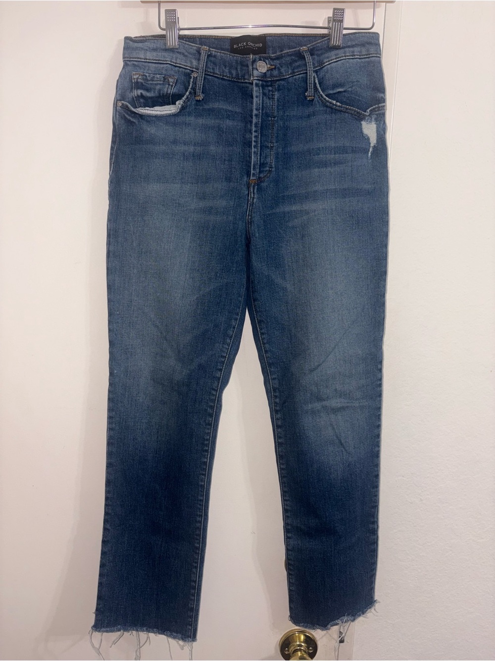 Black Orchid Distressed Cropped Straight Jeans - Dark Blue